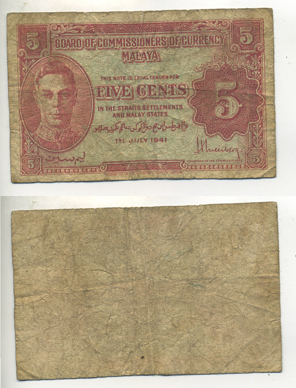 Малайя 5 центов 1941 (1945) Георг VI Pick 7 а бумага 7548-60-2