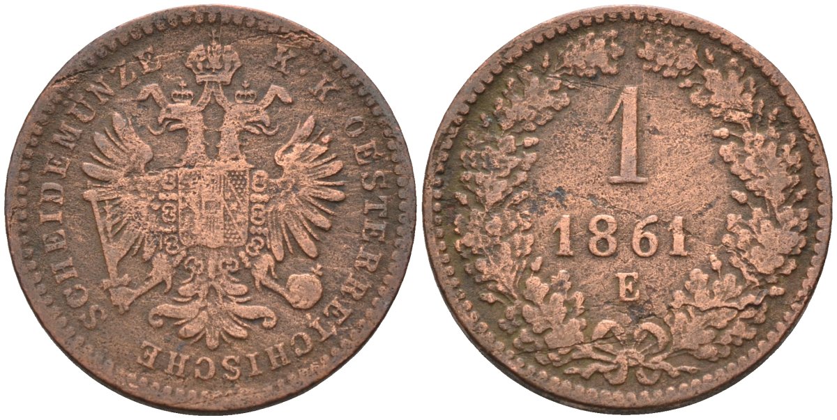 Австрия 1 крейцер 1861 Е, Франц Иосиф I (1848-1916) KM 2186 медь 4585-129