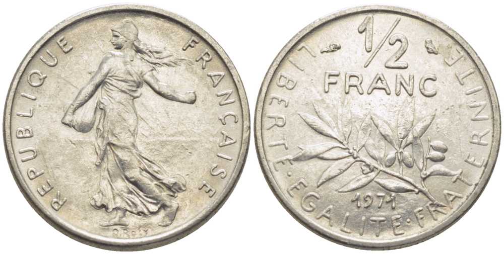 ФРАНЦИЯ 1/2 ФРАНКА 1971 СЕЯТЕЛЬ KM 931.1, LE FRANC 198.10 никель 175-937