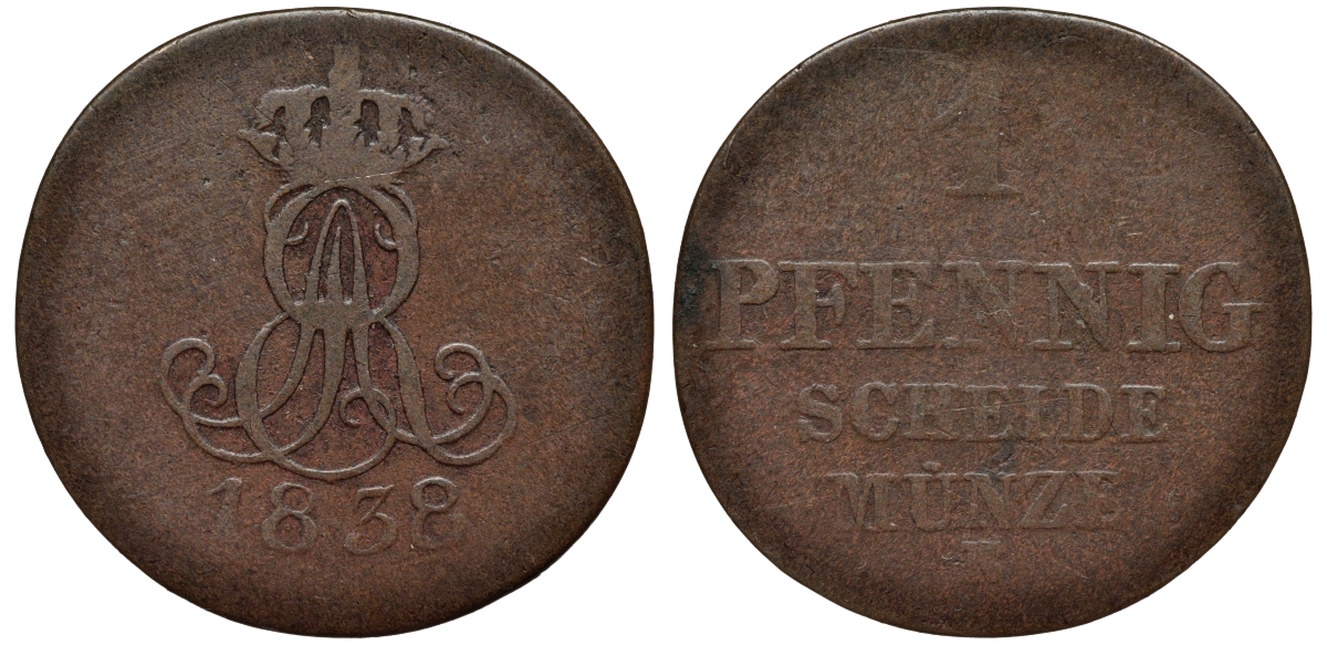 Ганновер 1 пфенниг 1838 B, Эрнст Август (1837-1851) KM 176, AKS 127, J. 53 медь 75-456
