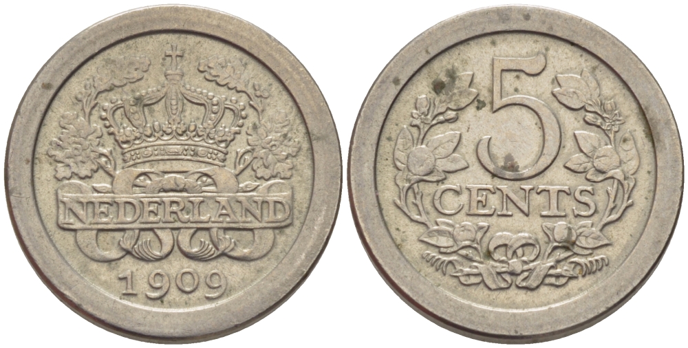 НИДЕРЛАНДЫ 5 ЦЕНТОВ 1909 KM 137 медно-никель aUNC 66-1215