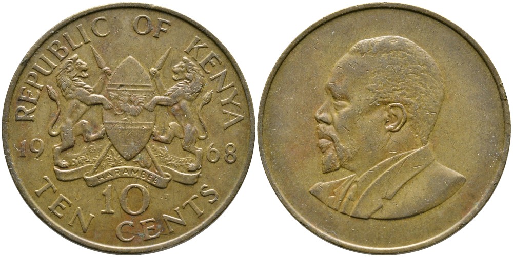Кения 10 центов 1968 Джомо Кениата KM 2 никель латунь 4526-1044