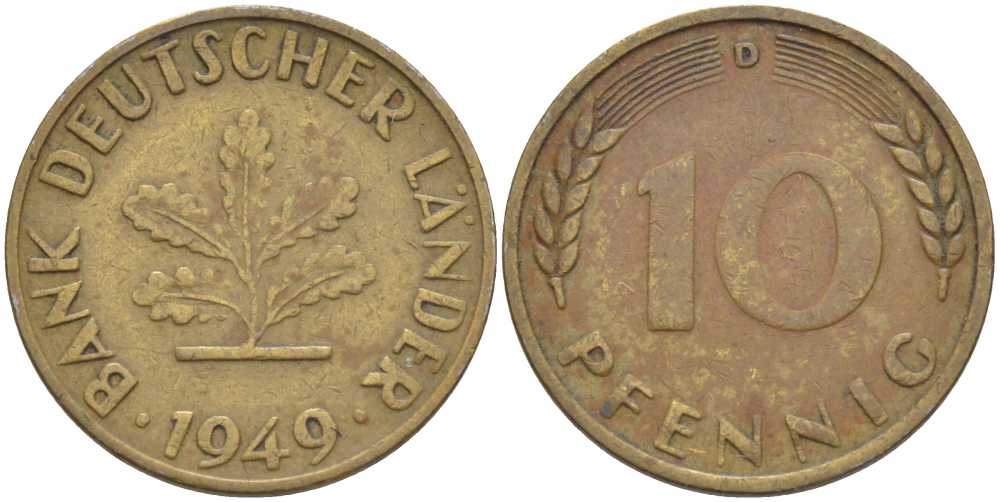 ФРГ 10 ПФЕННИГОВ 1949 D KM 103, J.378 сталь плакированная латунью 4402-252