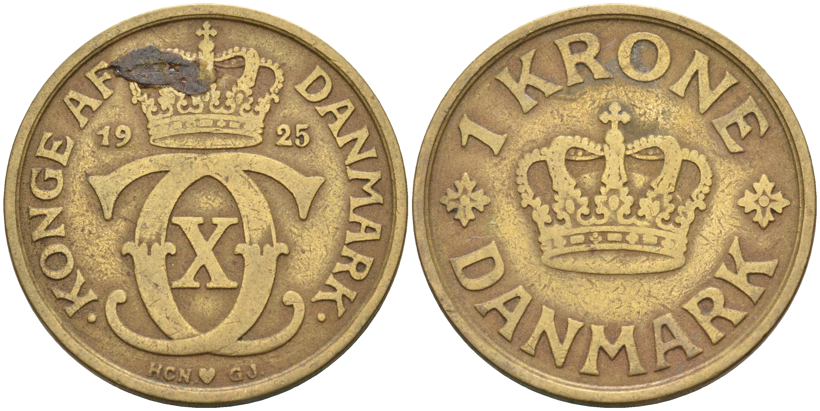 ДАНИЯ 1 КРОНА 1925 HCN; GJ, КРИСТИАН X (1912-1947) KM 824.1 алюминиевая бронза 63-1033