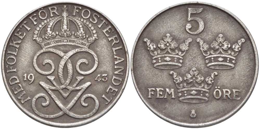Швеция 5 эре 1943 Густав V (1907-1950) KM 812 железо 115-913