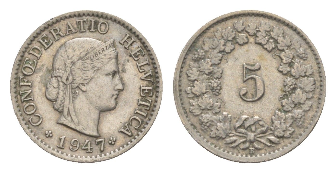 Швейцария 5 раппенов 1947 B KM 26 медно-никель 4627-829