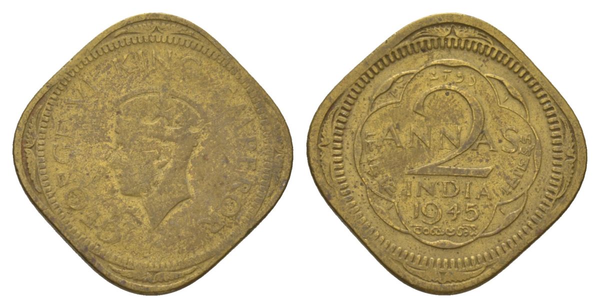 Индия 2 анны 1945 без отметки монетного двора	 - Калькутта KM 543 никель латунь 4624-1111