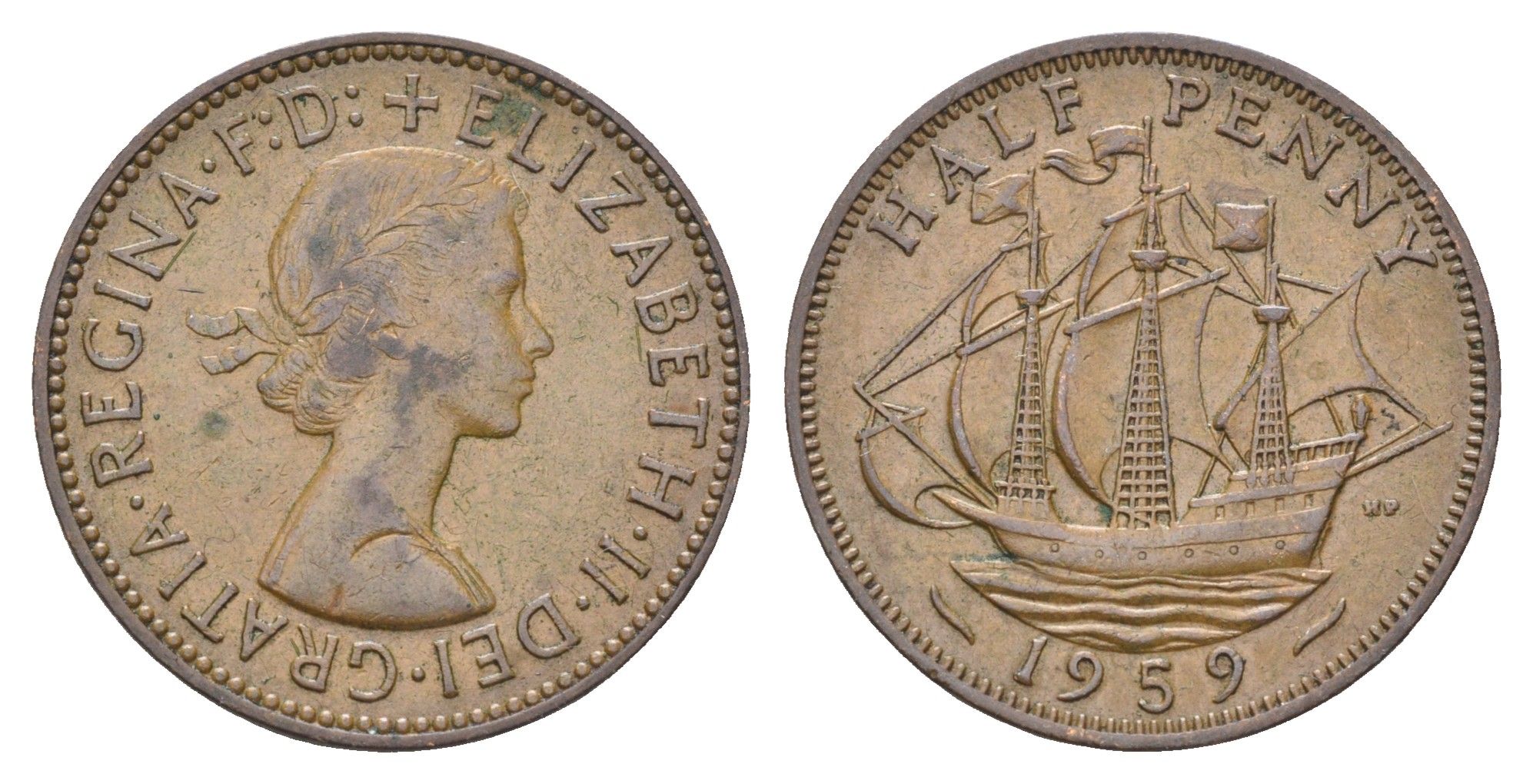 Великобритания 1/2 пенни 1959 Елизавета II (1952-2022) KM 896, Spink 4158 бронза    4660-641