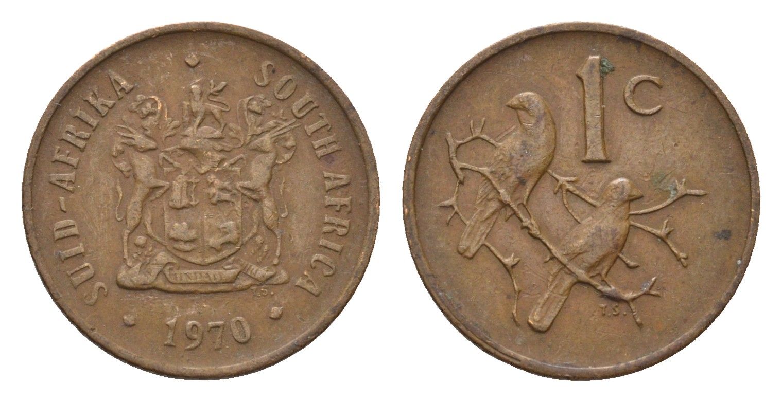 ЮАР 1 цент 1970 герб, капские воробьи KM 82 бронза 4690-1169