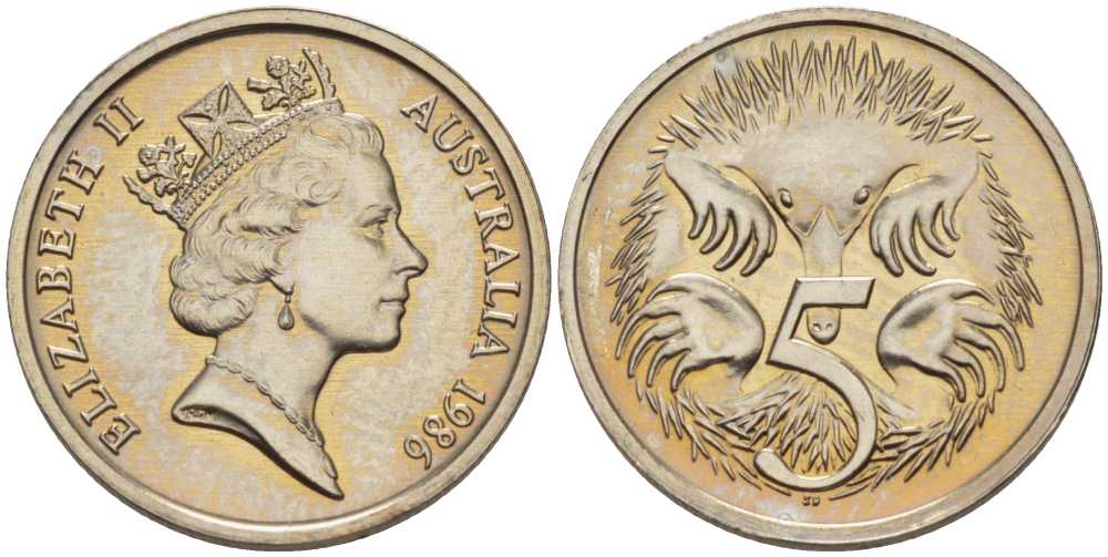 АВСТРАЛИЯ 5 ЦЕНТОВ 1986 ЕЛИЗАВЕТА II, ВТОРОЙ ПОРТРЕТ В КОРОНЕ, ЕХИДНА KM 80 медно-никель UNC 39-1267