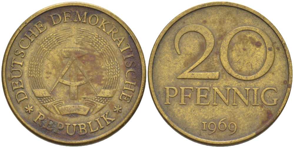 ГДР 20 пфеннигов 1969 А, первый год KM 11 латунь 61-653