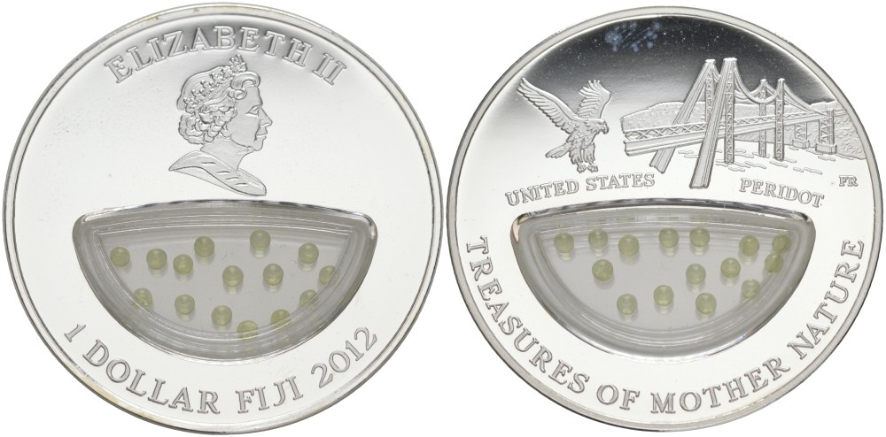 Фиджи 1 доллар 2012 серия Сокровища матери-природы, перидот, в коробке, с сертификатом KM 451 серебро PROOF 00-00-00