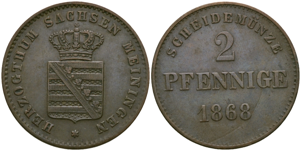 Саксен-Мейнинген 2 пфеннига 1868 Георг II (1866-1914) KM 174 медь 99-657