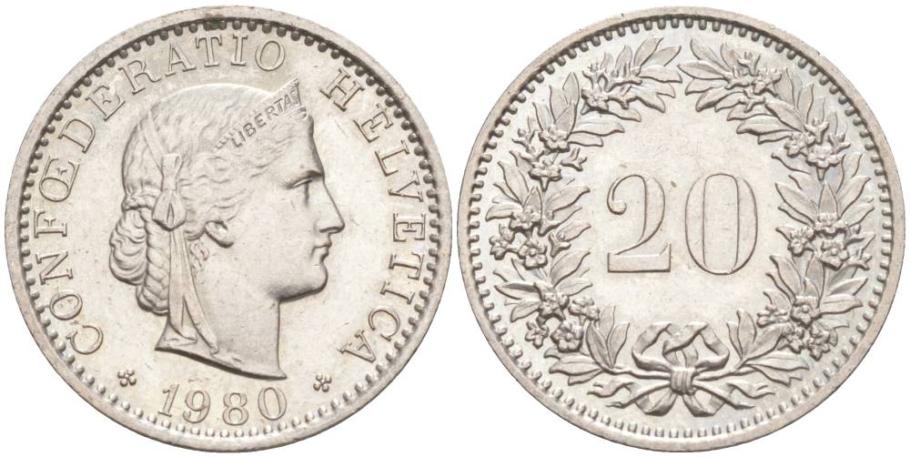 Швейцария 20 раппенов 1980 KM 29a медно-никель 55-1011