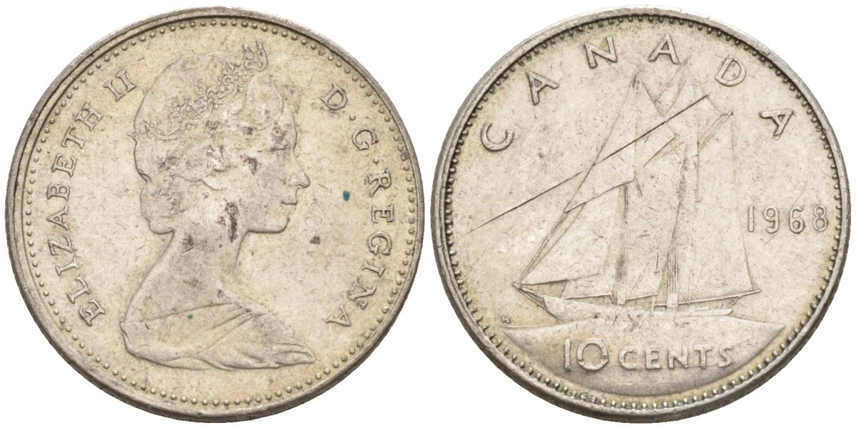 Канада 10 центов 1968 Елизавета II (1952-2022), парусник KM 72 серебро 4594-364