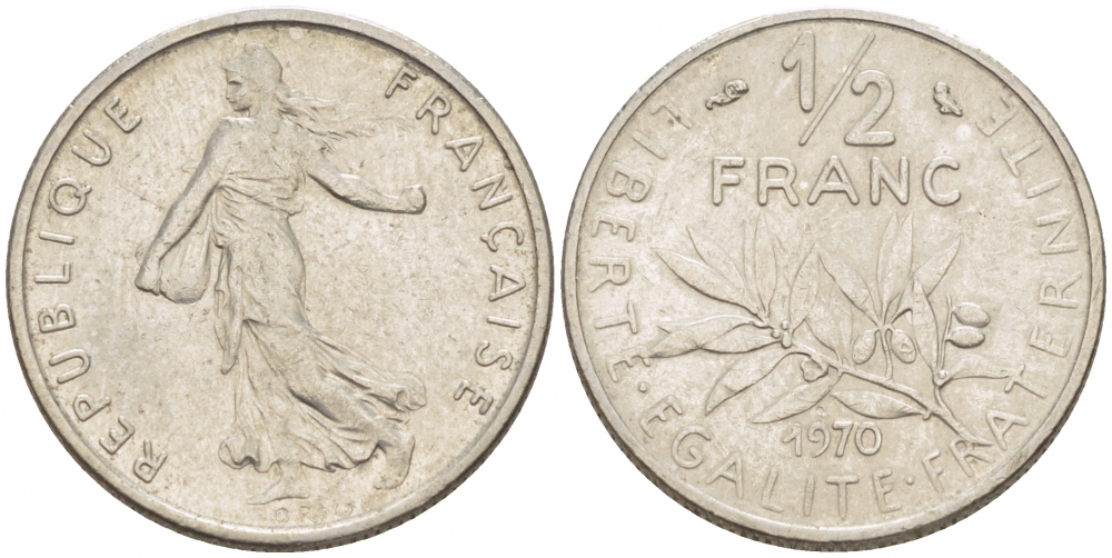 ФРАНЦИЯ 1/2 ФРАНКА 1970 KM 931.1 никель 110-135