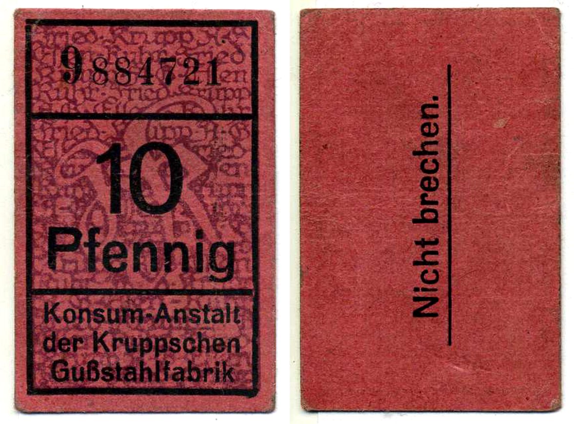 Эссен 10 пфеннигов 1918 ДЛЯ МАГАЗИНОВ РОЗНИЧНОЙ ТОРГОВЛИ, ВНУТРИ КОРПОРАЦИИ КРУПП бумага 2193-22-2-2