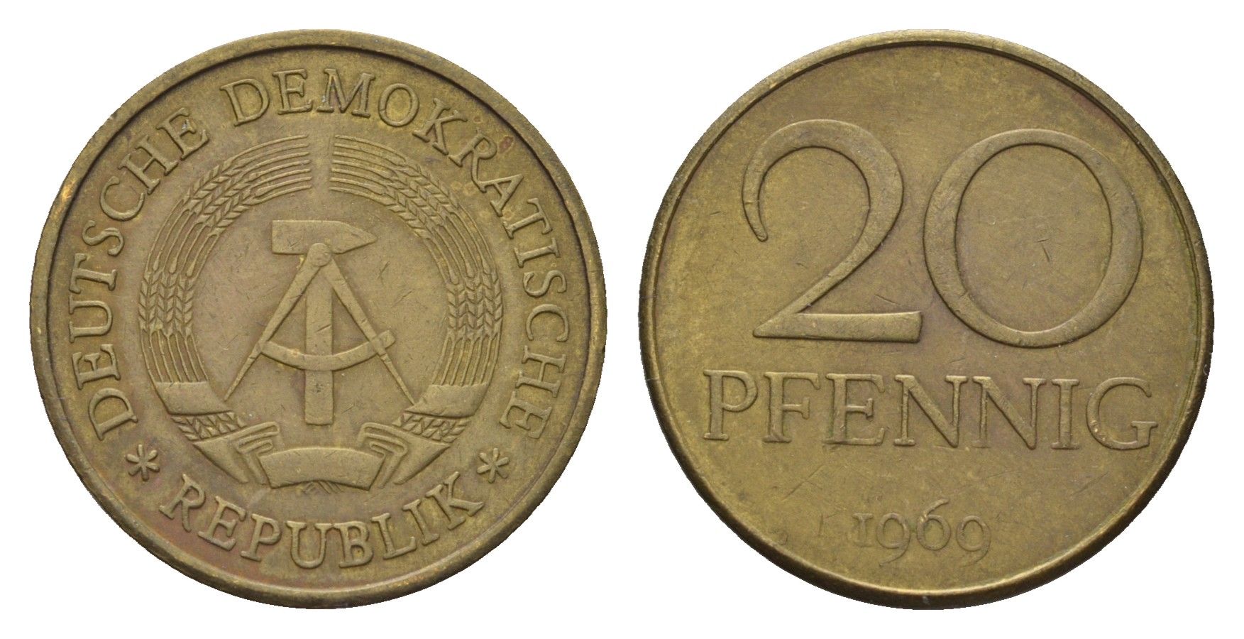 ГДР 20 пфеннигов 1969 A, первый год KM 11 латунь 4679-636
