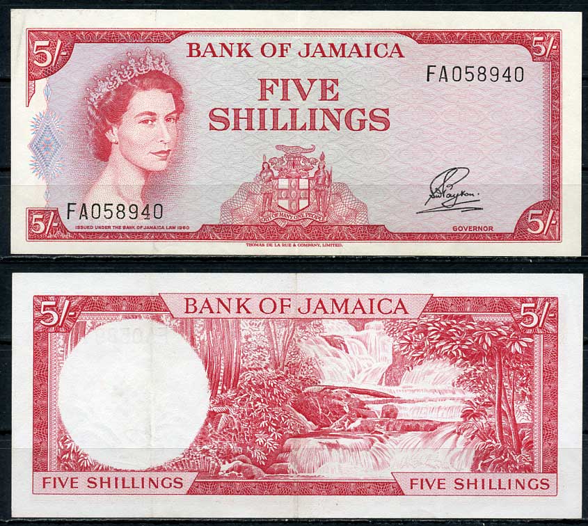 Ямайка 5 шиллингов 1964 подпись PAYTON, Елизавета II Pick 51Аа  бумага  000-00-00