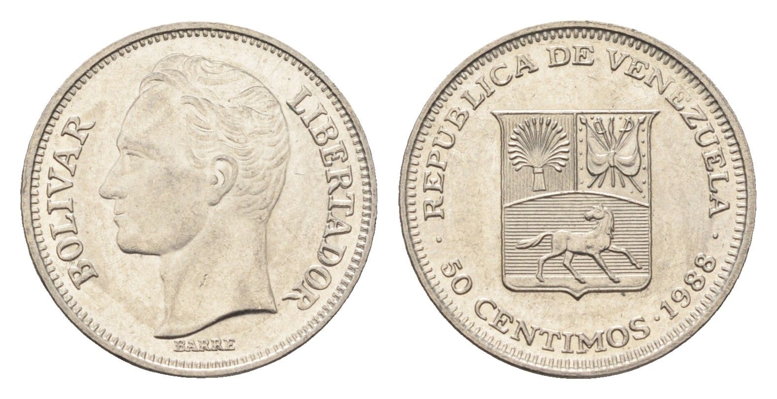 Венесуэла 50 сентимо 1988 Симон Боливар Y 41a сталь плакированная никелем aUNC 4664-656