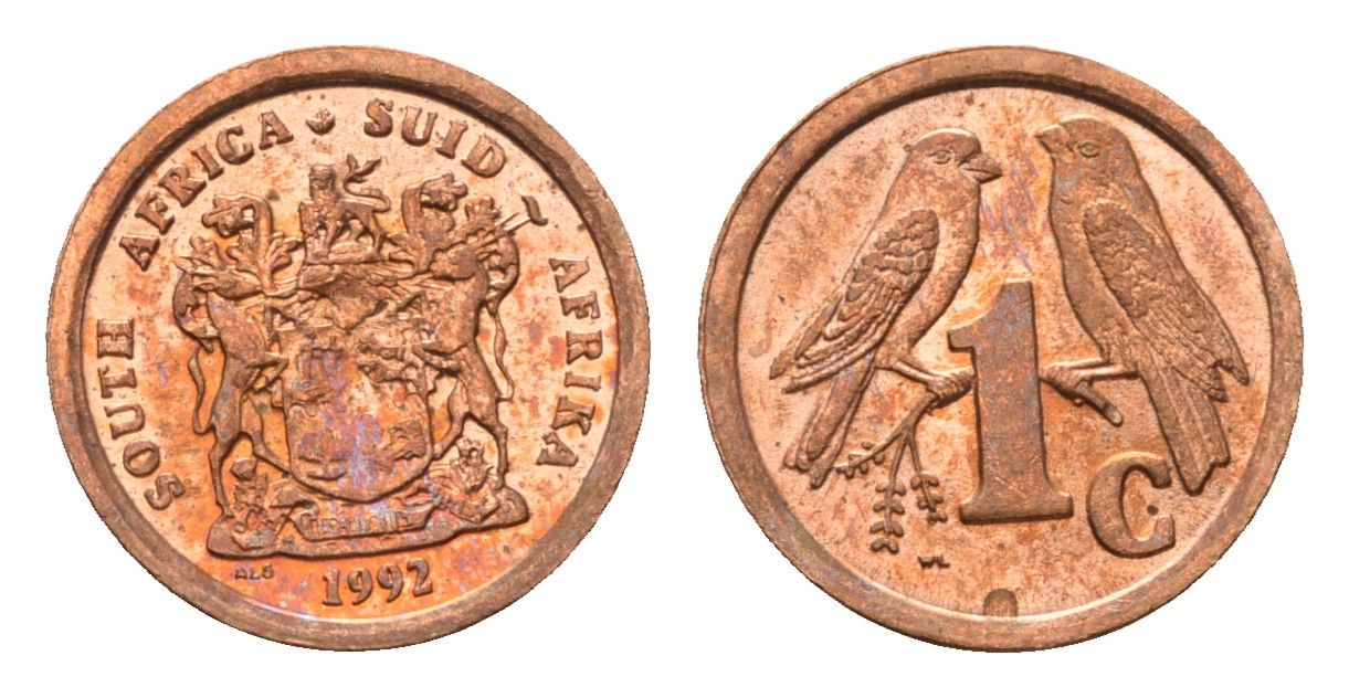 ЮАР 1 цент 1992 герб, капские воробьи KM 132 сталь плакированная медью UNC 4694-113