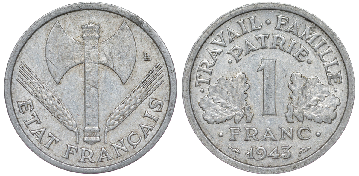 ФРАНЦИЯ 1 ФРАНК 1943 LB, ТИП LEGERE, ПРАВИТЕЛЬСТВО ВИШИ KM 902.1, LE FRANC 223.3 алюминий 45-746