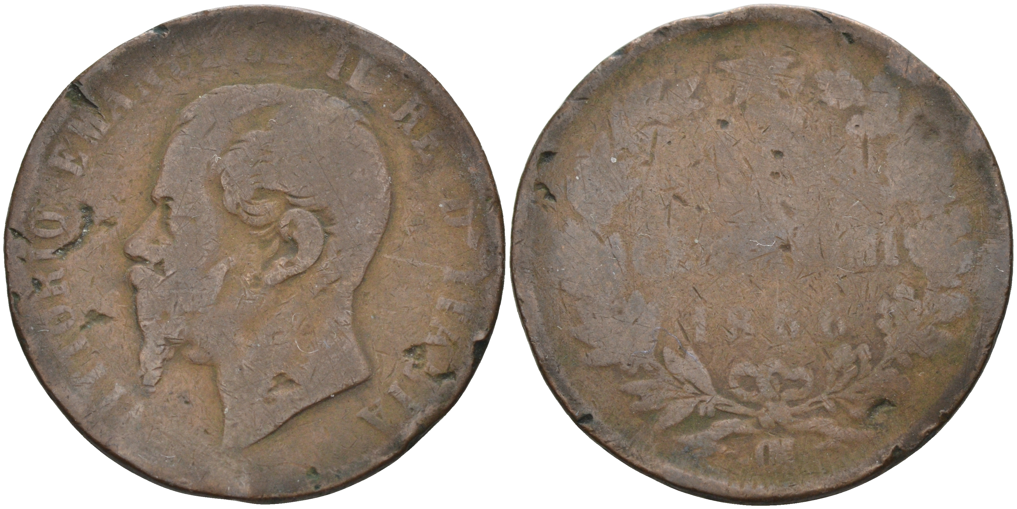 ИТАЛИЯ 10 ЧЕНТЕЗИМО 1866 ОМ, ВИКТОР ЭММАНУИЛ II (1861-1878) бронза 63-1242