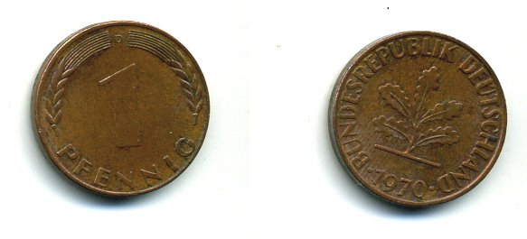 ФРГ 1 ПФЕННИГ 1970 G KM 105, J 380 сталь плакированная медью 46-133