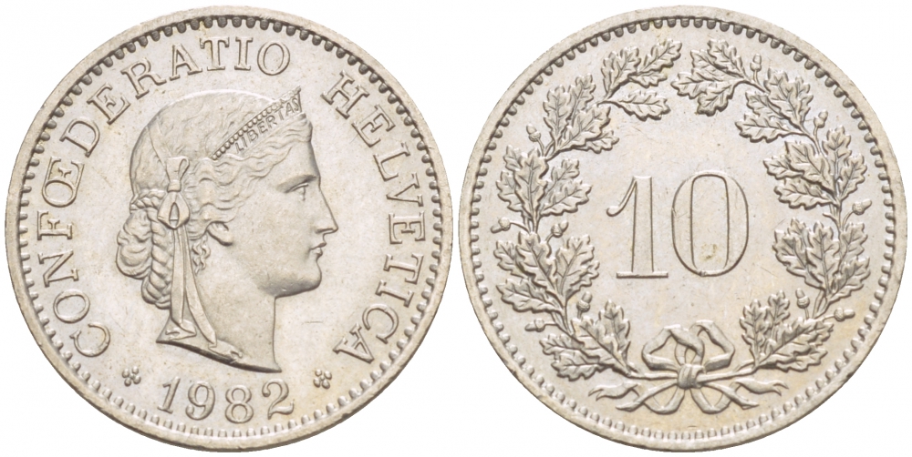 Швейцария 10 раппенов 1982 KM 27 медно-никель 51-355