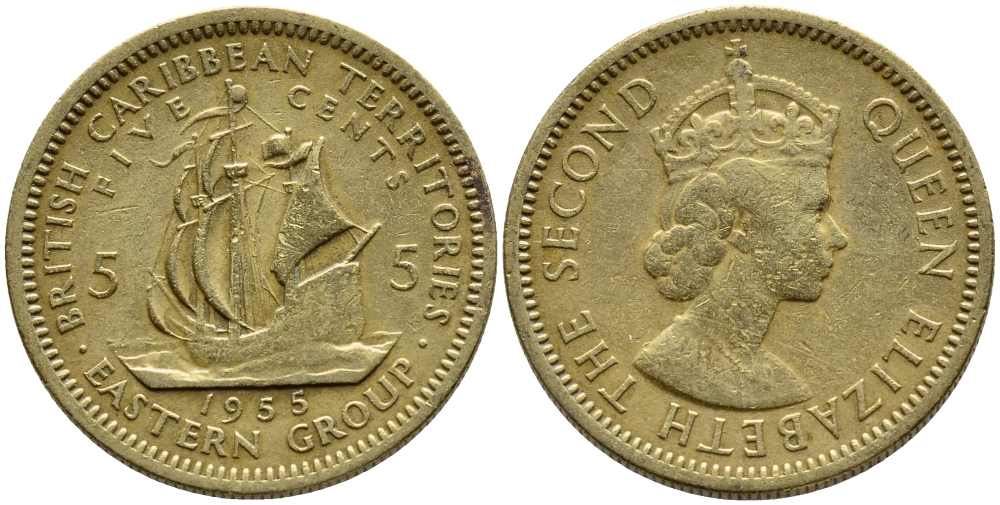 Британские Восточно-Карибские территории 5 центов 1955 Елизавета II (1952-2022), парусник KM 4 никель латунь 89-1635