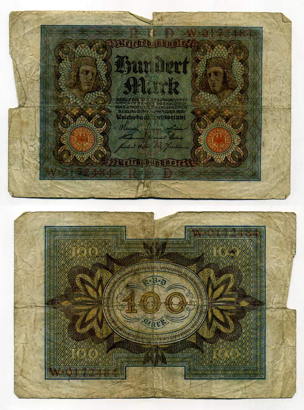 Германия 100 марок 1920 Бамбергский всадник, 7 цифр в номере Pick 69 a, Розенберг 67а  бумага 8619-32-2-2