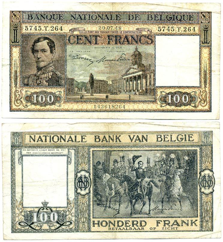 БЕЛЬГИЯ 100 ФРАНКОВ 1948 20 ИЮЛЯ 1948 Pick 126 бумага 7486-67-1-2