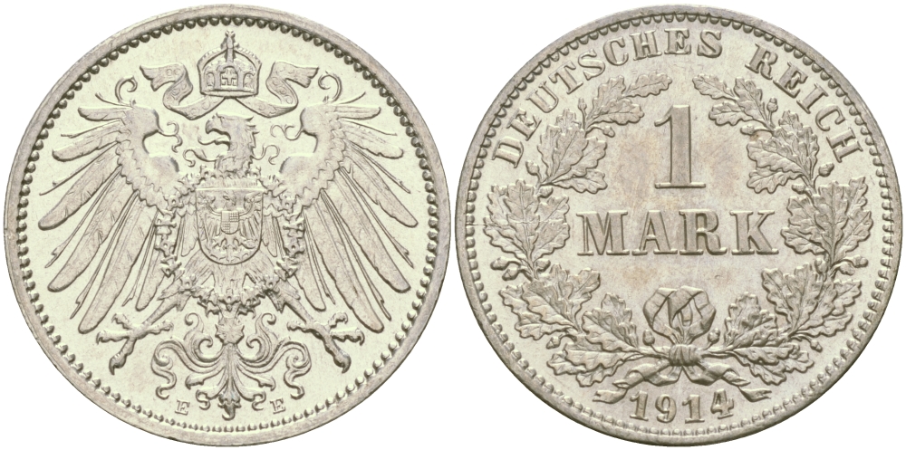 Германия 1 марка 1914 E Weege 18, J. 17, KM 14 серебро aUNC 98-1213