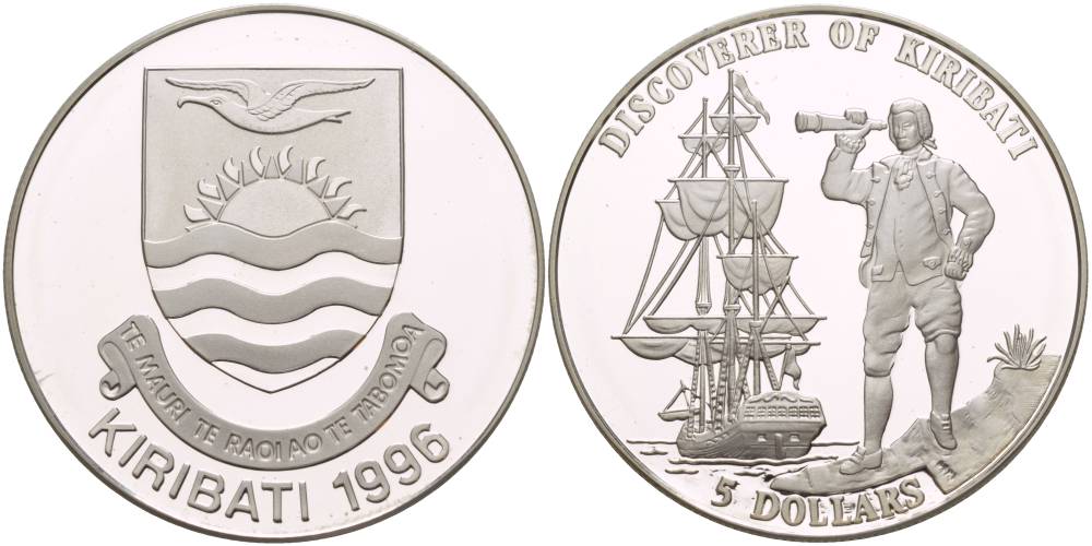 Кирибати 5 долларов 1996 открытие Кирибати, парусник KM 19 серебро PROOF 1081-7-42
