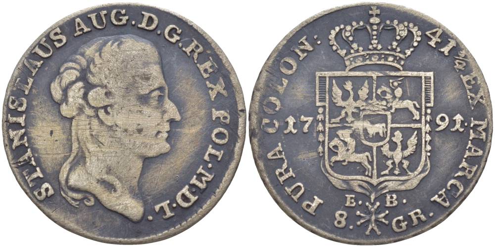 Польша 8 грошей (2 злотых) 1791 ЕВ, Станислав II Август Понятовский (1764-1794), вес 9,13 г KM 209.1 (C54), Kopinski 412.5 серебро 00-814-14