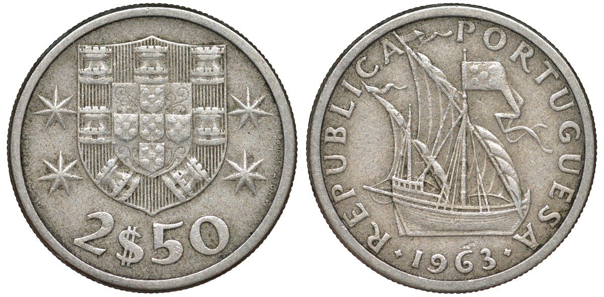 Португалия 2,5 эскудо 1963 парусник KM 590 медно-никель 51-4142