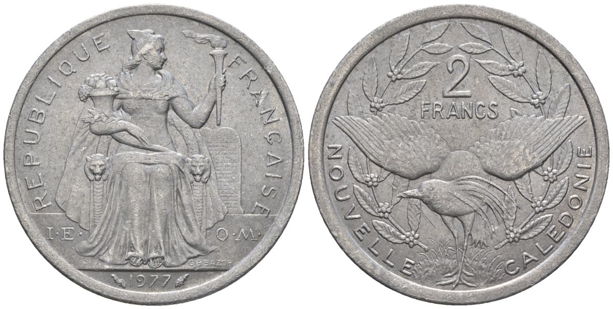 Французская Новая Каледония 2 франка 1977 птица кагу, (IEOM) KM 14, Schoen 11, Lec 58 алюминий    08-741