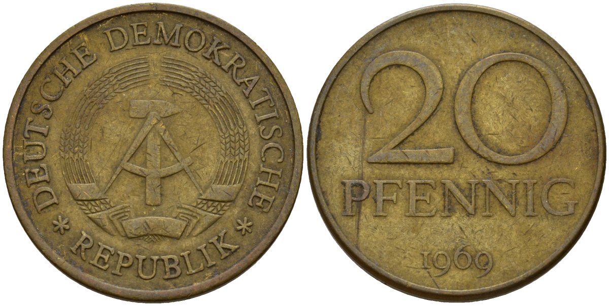 ГДР 20 пфеннигов 1969 A, первый год KM 11 латунь 92-553