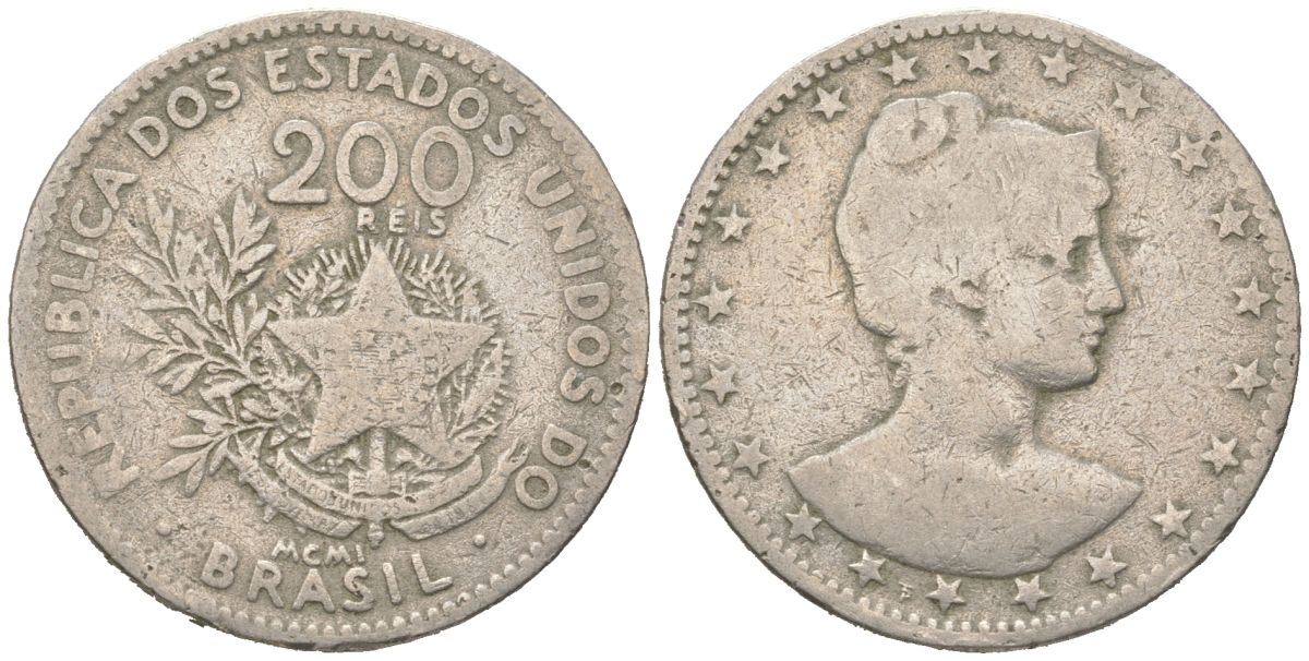 Бразилия 200 реалов 1901 MCMI, голова свободы вправо KM 504 медно-никель 4612-236