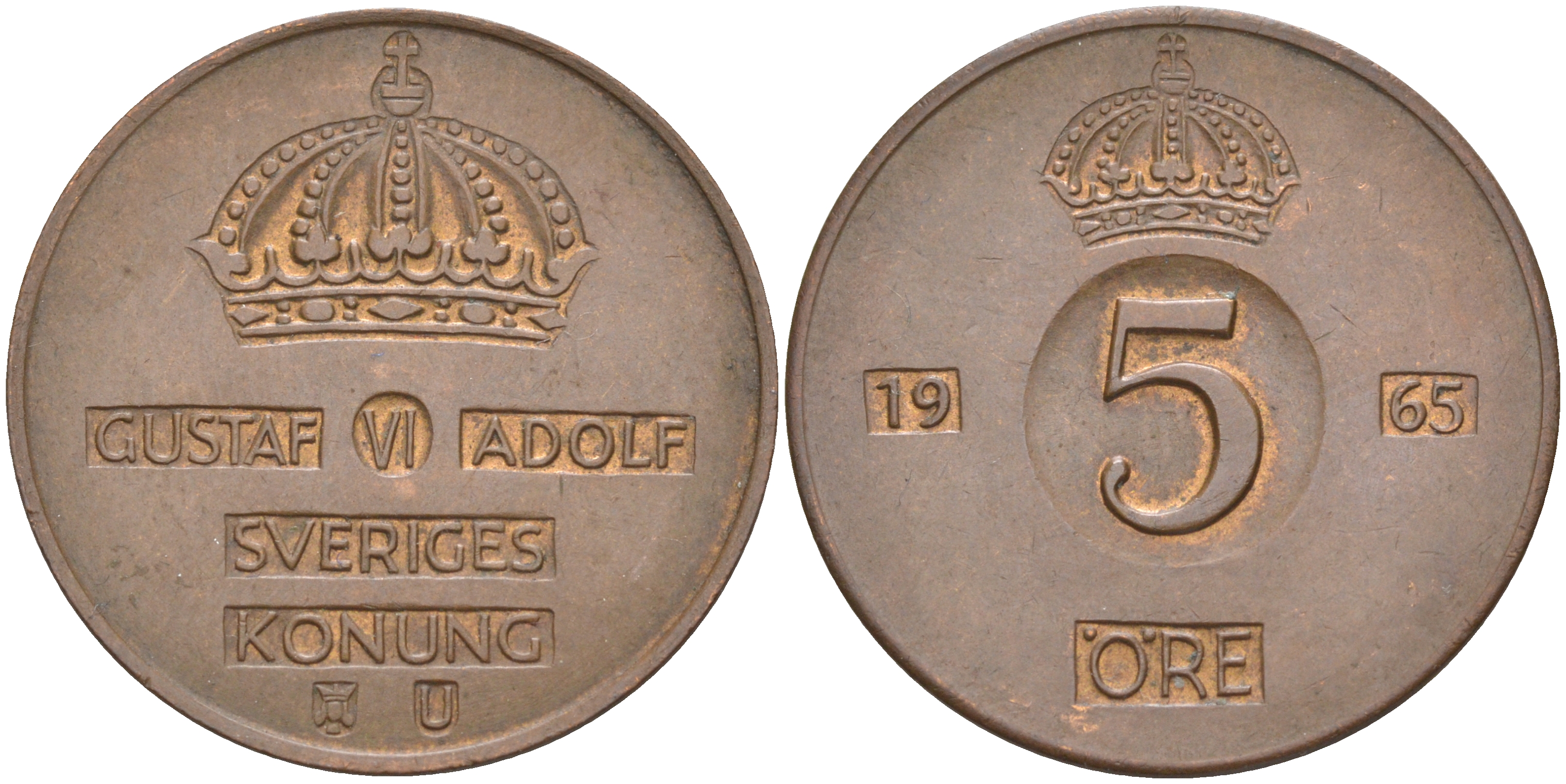 Швеция 5 эре 1965 U, Густав VI Адольф (1950-1973) KM 822 бронза 98-433