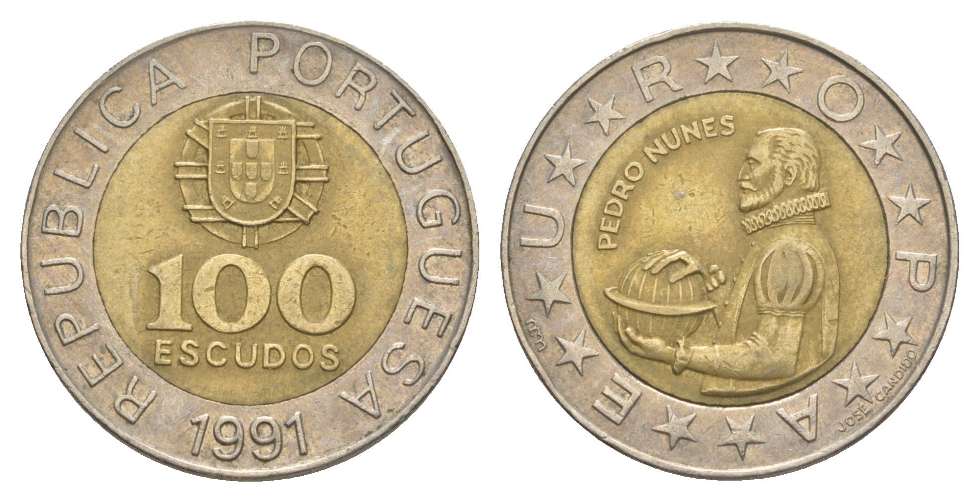 Португалия 100 эскудо 1991 Педру Нуниш (1502-1578), математик KM 645 биметалл 4388-354