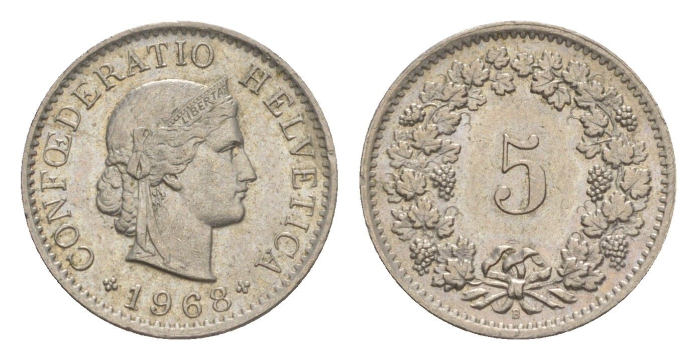 Швейцария 5 раппенов 1968 B KM 26 медно-никель 4611-935