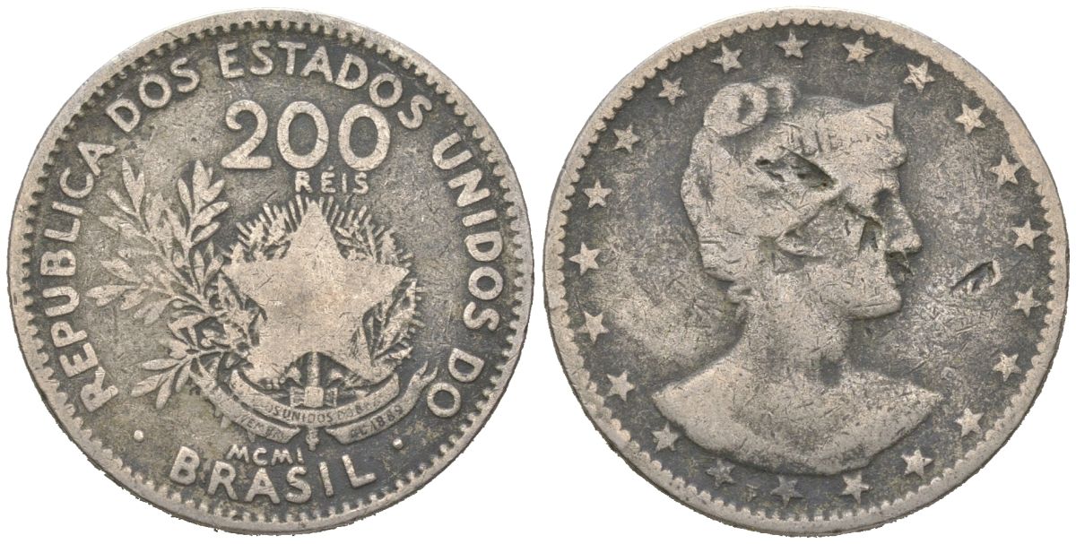 Бразилия 200 реалов 1901 MCMI, голова свободы вправо KM 504 медно-никель 4612-125