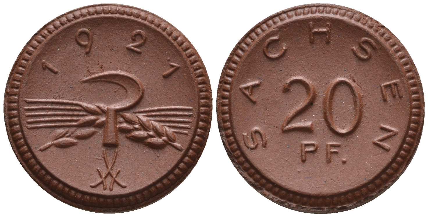 Саксония 20 пфеннигов 1921 колосья и серп J. N 53 фарфор UNC 1094-8-24