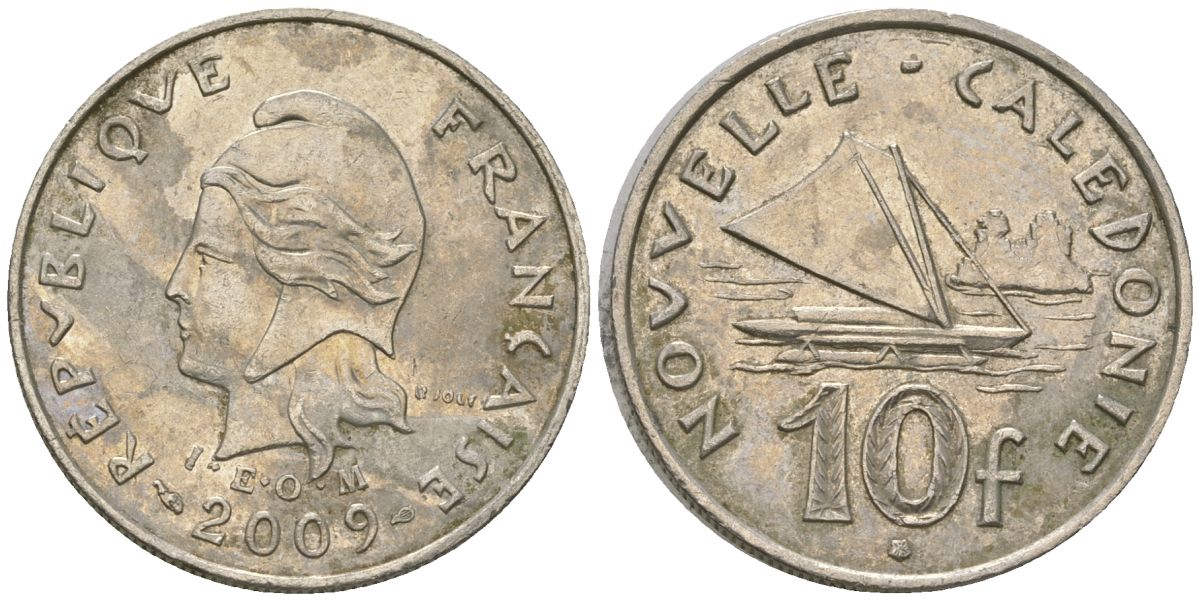 Французская Новая Каледония 10 франков 2009 рыбачья парусная лодка, (IEOM) KM 11a, Schoen 13a, Lec 99k медно-никель 62-1155