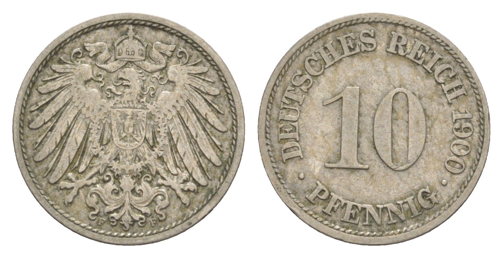 Германия 10 пфеннигов 1900 F, Вильгельм II (1888-1918) KM 12, J. 13 медно-никель 4644-1154