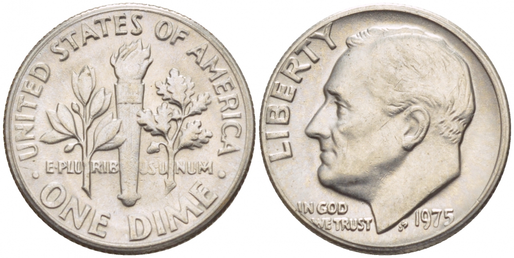 США 10 ЦЕНТОВ = 1 ДАЙМ 1975 РУЗВЕЛЬТ KM 195а медь плакированная медно-никелем 4547-945