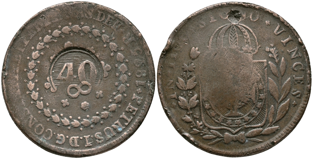 БРАЗИЛИЯ, ICO 40 РЕЙС 1835 НАДЧЕКАНКА НА 80 РЕЙСАХ 1825 R KM 441.1 медь 4386-513