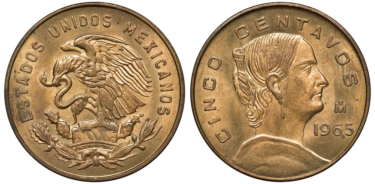 Мексика 5 сентаво 1965 Мо, Жозефа Ортис де Домингес KM 426 латунь UNC 4591-614