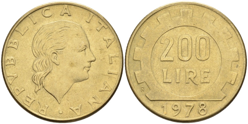 Италия 200 лир 1978 R, шестерня KM 105 алюминиевая бронза 86-1622